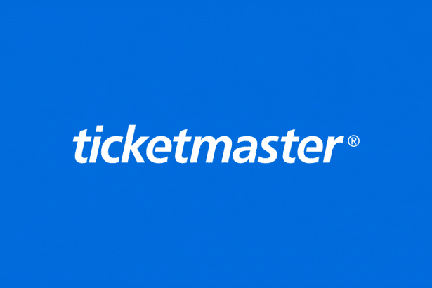Ticketmaster logo in white text on a bright blue background. Filename : ticketmaster logoblue background.png