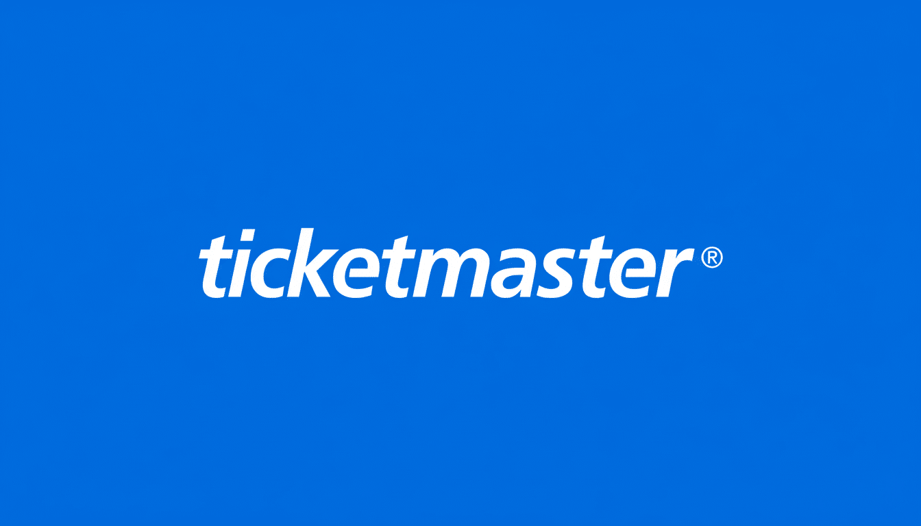 Ticketmaster logo in white text on a bright blue background. Filename : ticketmaster logoblue background.png