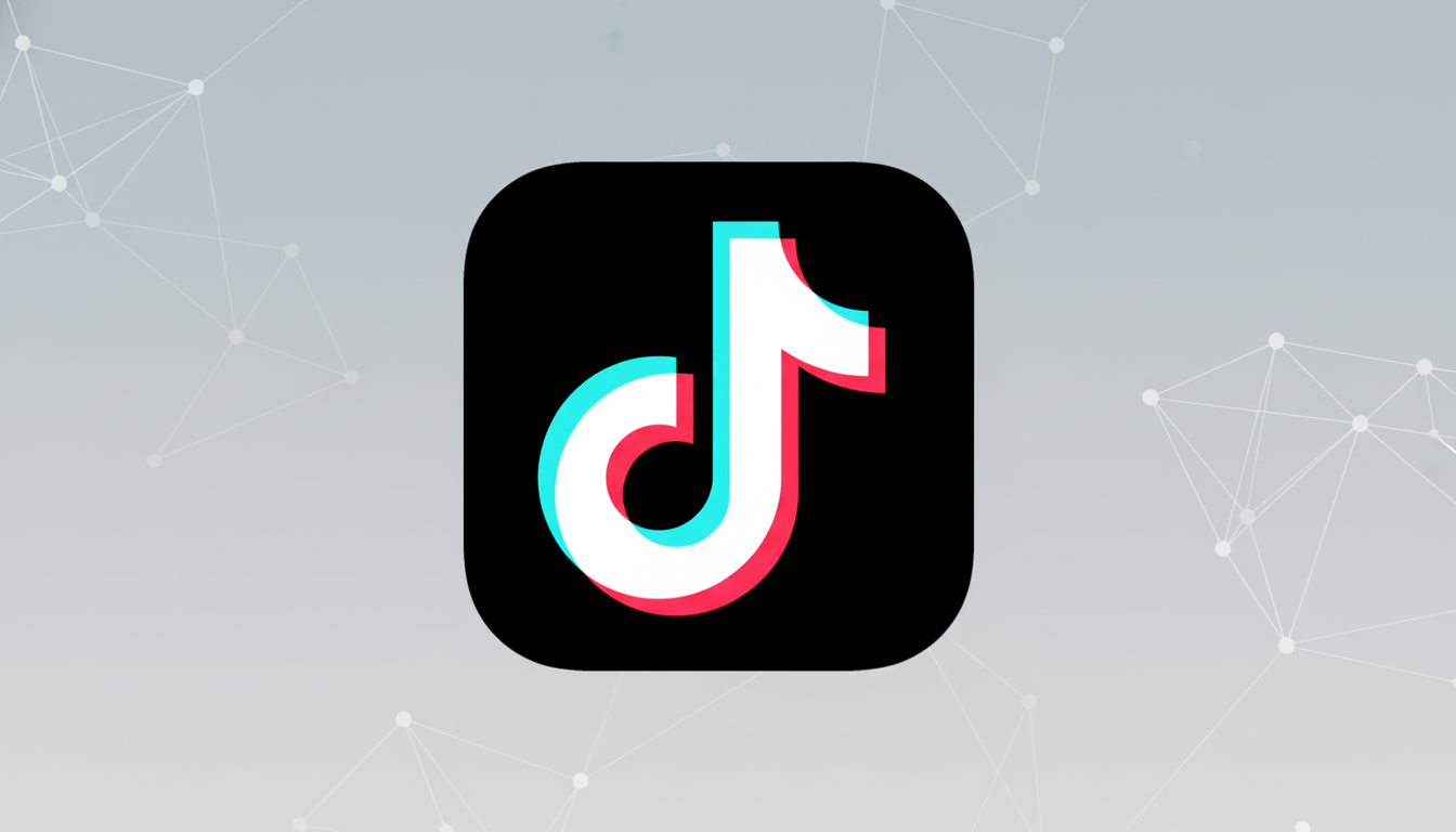 The TikTok app icon, a white musical note with red and cyan shadows, centered on a black rounded square, set against a professional gray background with subtle geometric patterns.