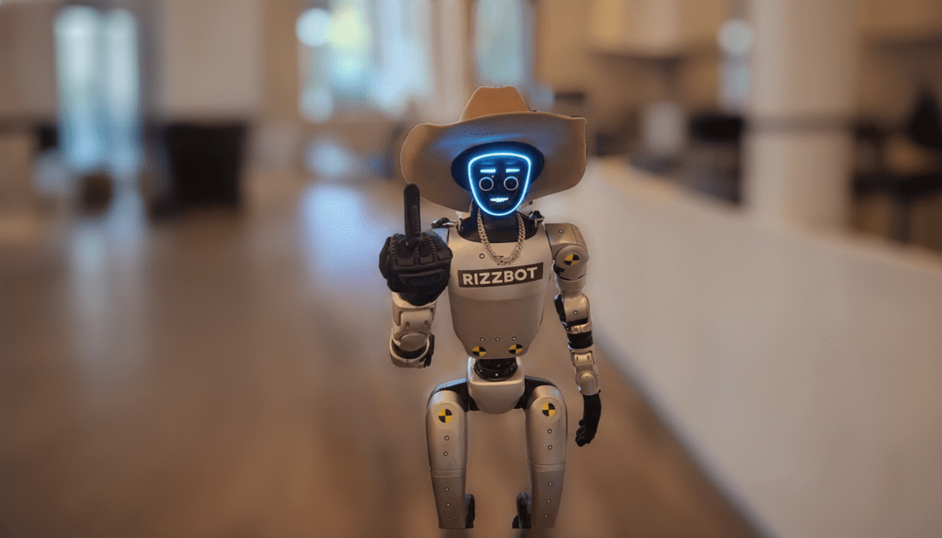 A robot wearing a cowboy hat and a chain, with RIZZBOT written on its chest, making a rude gesture.