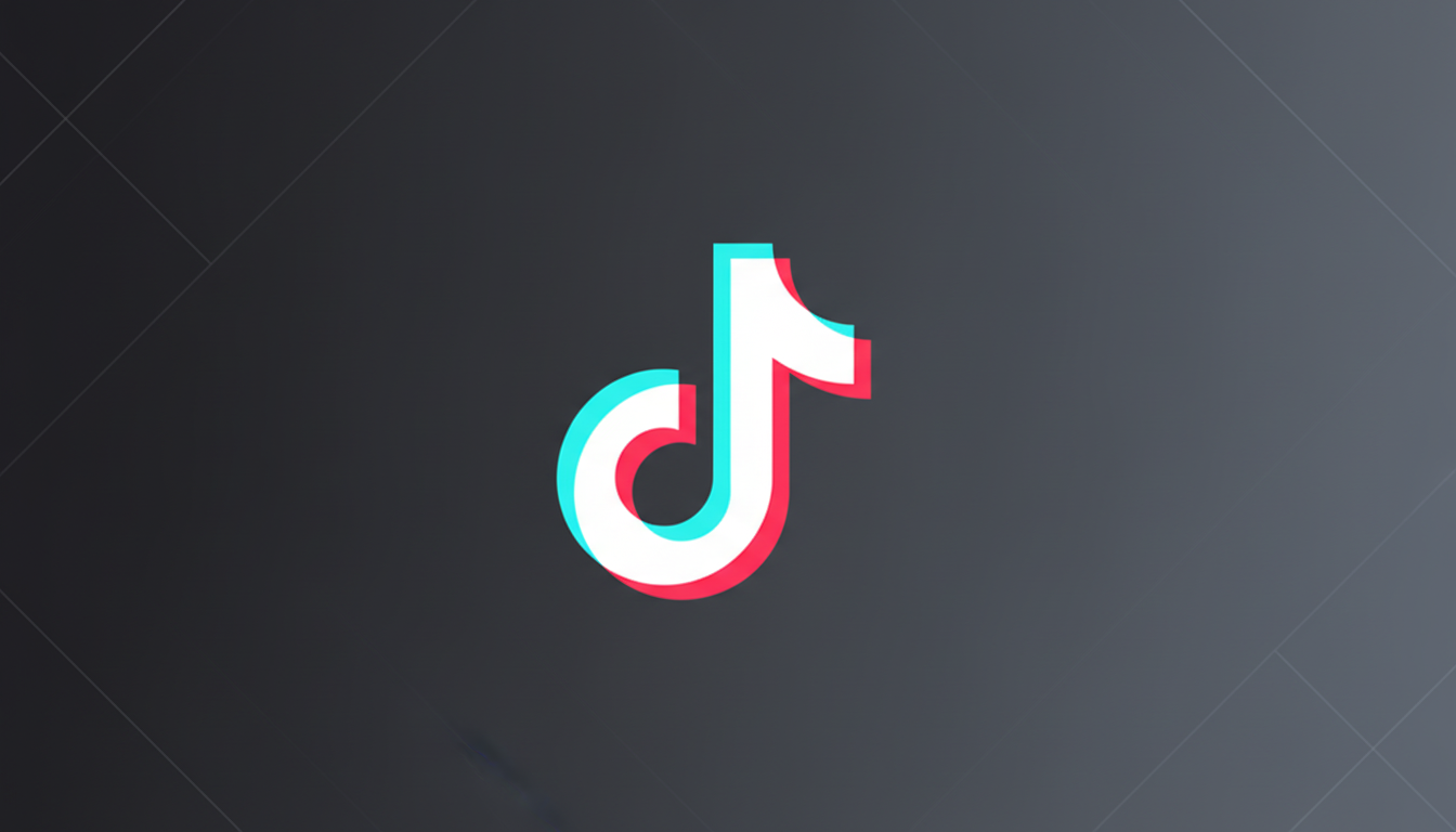 The TikTok logo, a white musical note with cyan and red shadows, centered on a dark gray background with subtle geometric patterns.