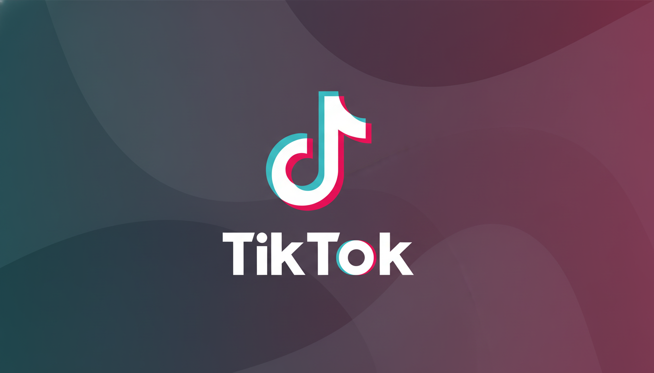 The TikTok logo, featuring a white musical note icon with cyan and magenta shadows, and the word TikTok in white text, centered on a professional flat design background with a soft gradient from dark gray to muted pink and subtle swirling patterns.