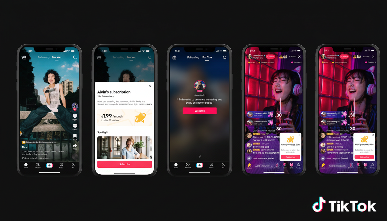 A 16:9 aspect ratio image showing five mobile phone screens displaying various TikTok interfaces, including a live stream, subscription details, and community pages.