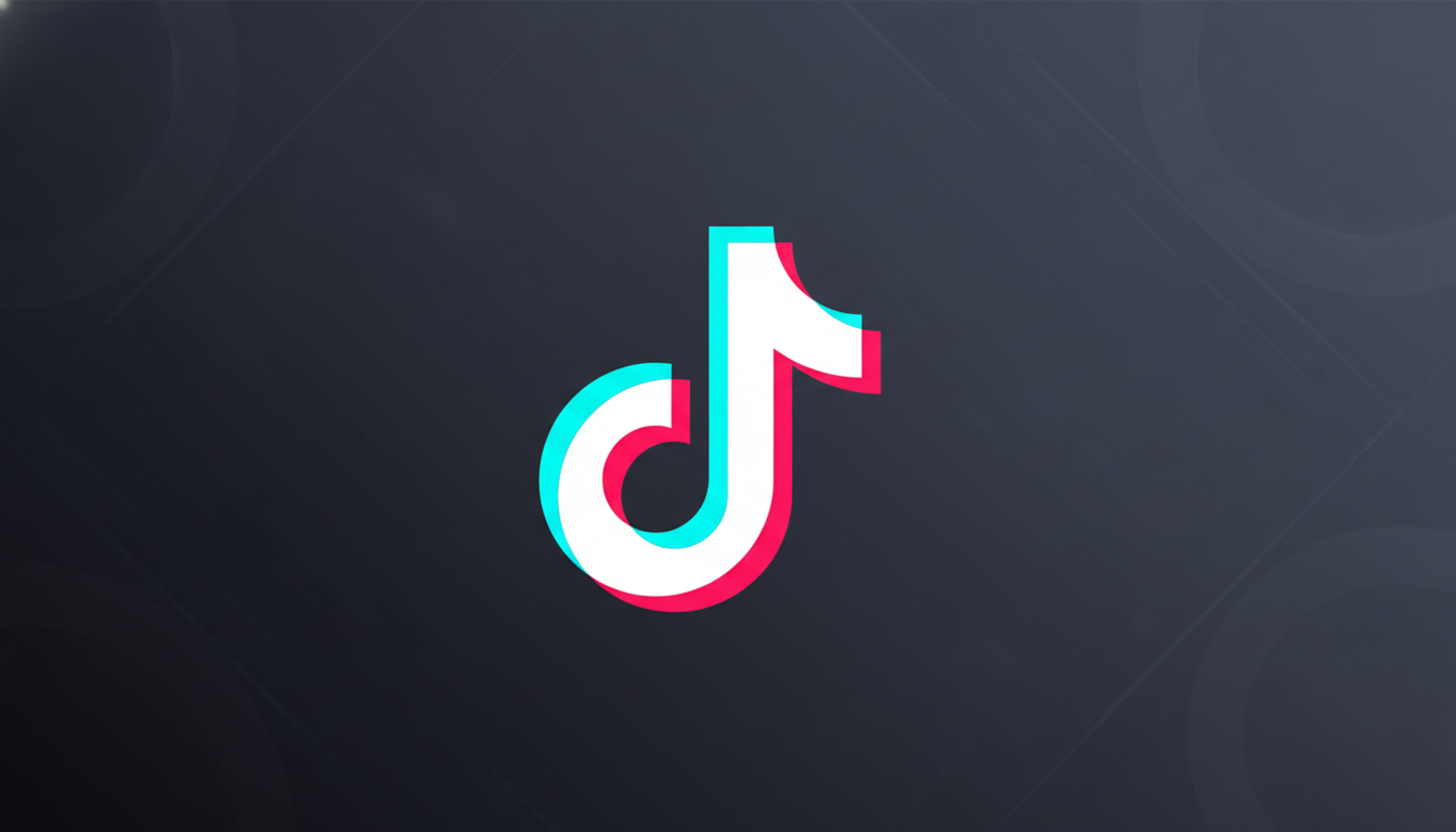 The TikTok logo, a white musical note with cyan and red shadows, centered on a dark gray background with subtle, soft geometric patterns.