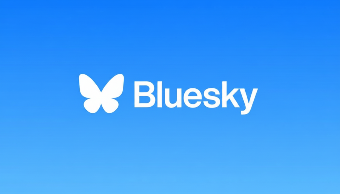 The Bluesky logo, featuring a white butterfly icon next to the word Bluesky in white text, set against a gradient blue background. The image has been resized to a 16:9 aspect ratio.