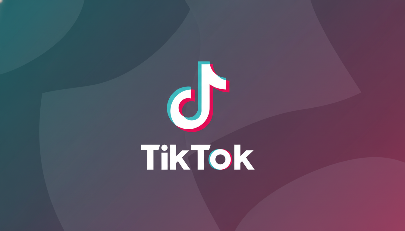 The TikTok logo, featuring a white musical note with cyan and pink shadows, and the word TikTok in white, centered on a professional flat design background with soft gradients of dark teal and magenta.