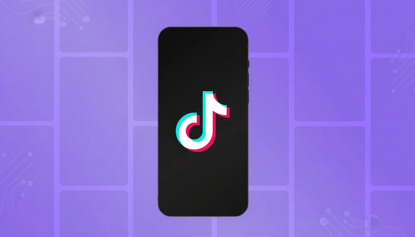 A smartphone displaying the TikTok logo on a purple background with a subtle grid pattern and abstract circuit - like elements in the corners.