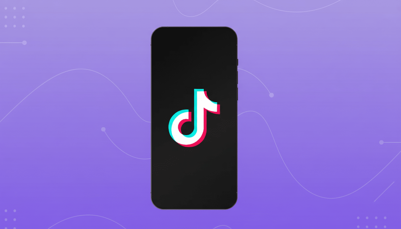 A professional flat design image showing a black smartphone displaying the TikTok logo on a purple background with subtle patterns.