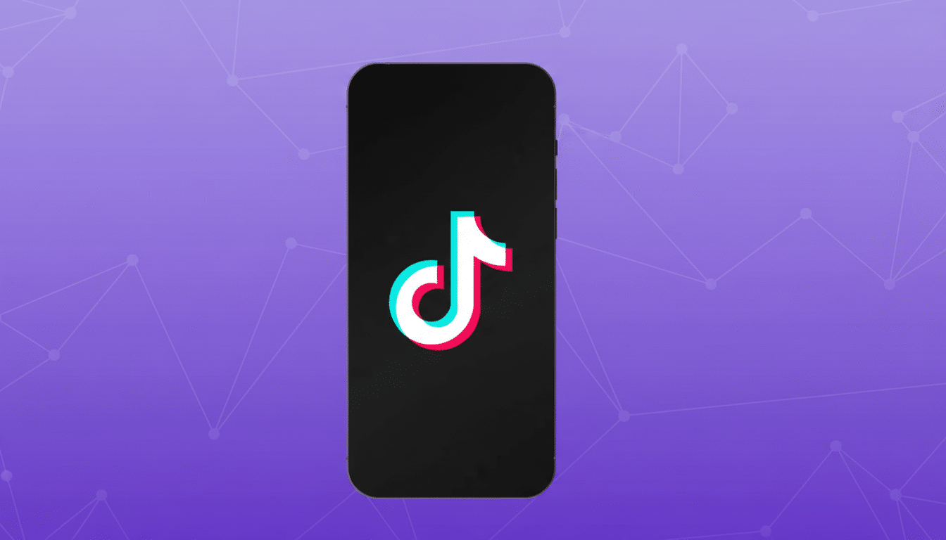 A professional image of a smartphone displaying the TikTok logo on its screen, set against a subtle purple gradient background with a faint geometric pattern.