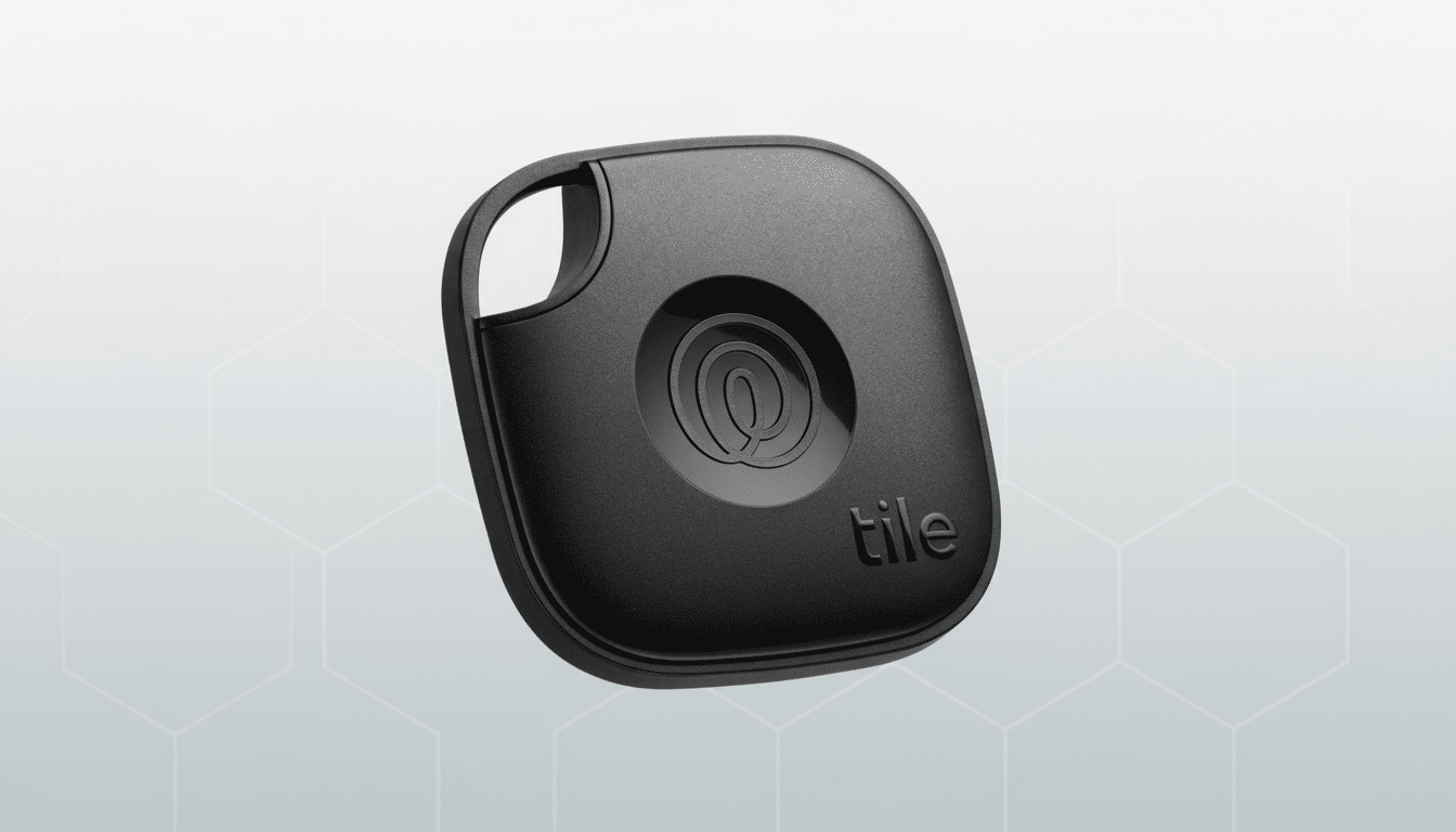 A black Tile Mate tracker on a professional flat design background with a subtle honeycomb pattern and soft gray gradient.