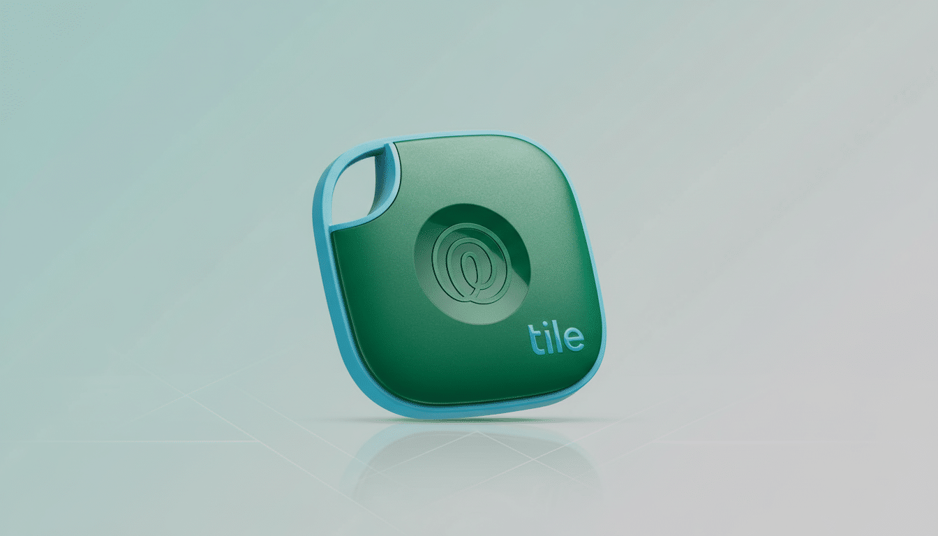 A green and blue Tile Mate tracking device with a textured surface and a prominent Tile logo, set against a professional gradient background. Filename : tilemate trackerprofessional .png