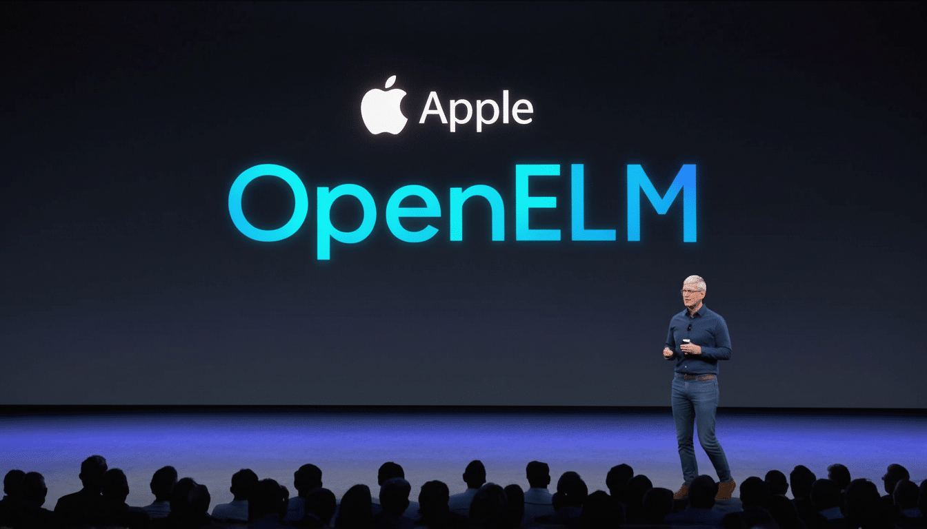 Tim Cook on stage at an Apple event presenting Open ELM.