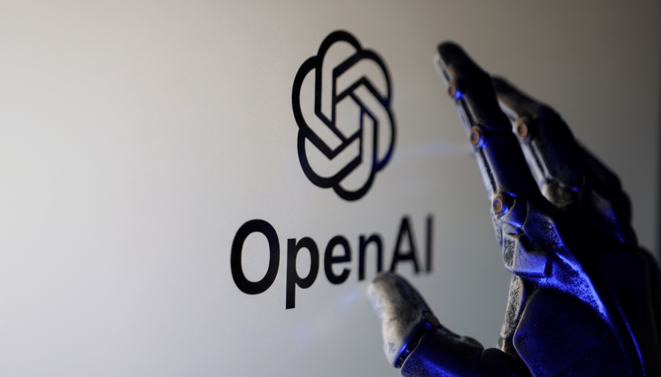 The OpenAI logo and name are displayed on a white background , with a robotic hand in the foreground on the right side. The hand has a blue glow .