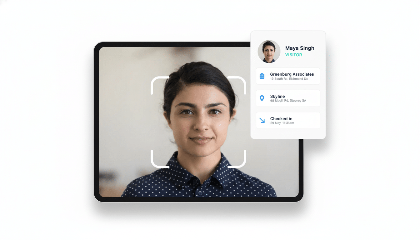 A professional screen displaying a woman' s face within a facial recognition interface , with a visitor pass for Maya Singh from Greenburg Associates shown on the side .