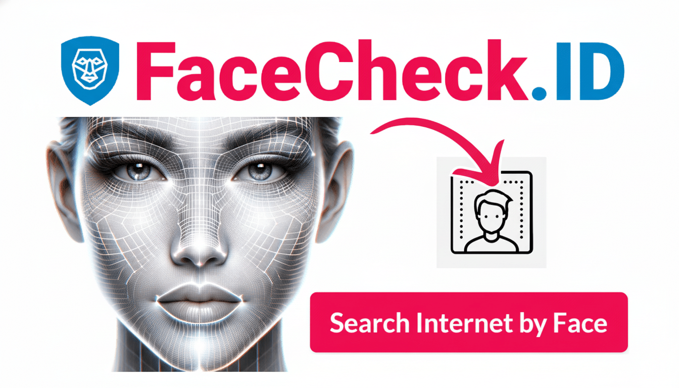 FaceCheck .ID logo and text with a stylized digital face and an icon of an ID card with an arrow pointing to it , above a button that says Search Internet by Face. Filename : facecheck idbanner . png