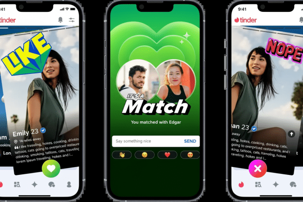 Three smartphone screens displaying the Tinder app interface . The left screen shows a profile with LIKE superimposed. The center screen shows a It 's a Match notification with two profile pictures. The right screen shows a profile with NOPE superimposed.
