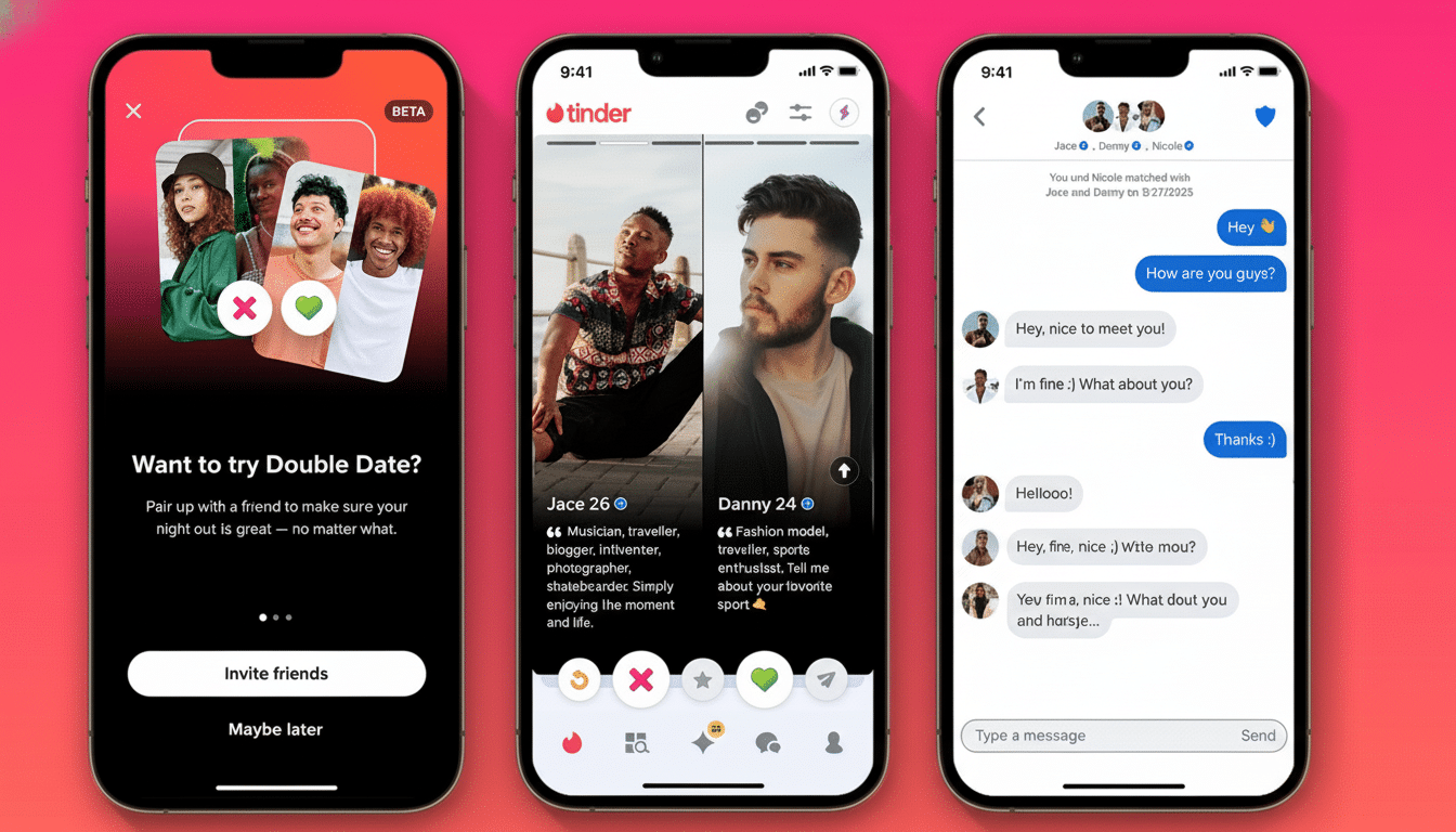 Three iPhones displaying Tinder app screens with various user interfaces.