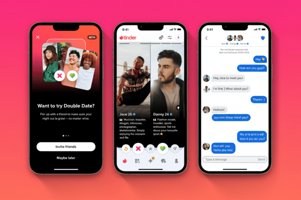 Three iPhones displaying Tinder app screens with various features, including a Double Date invitation, user profiles, and a chat conversation. The bac