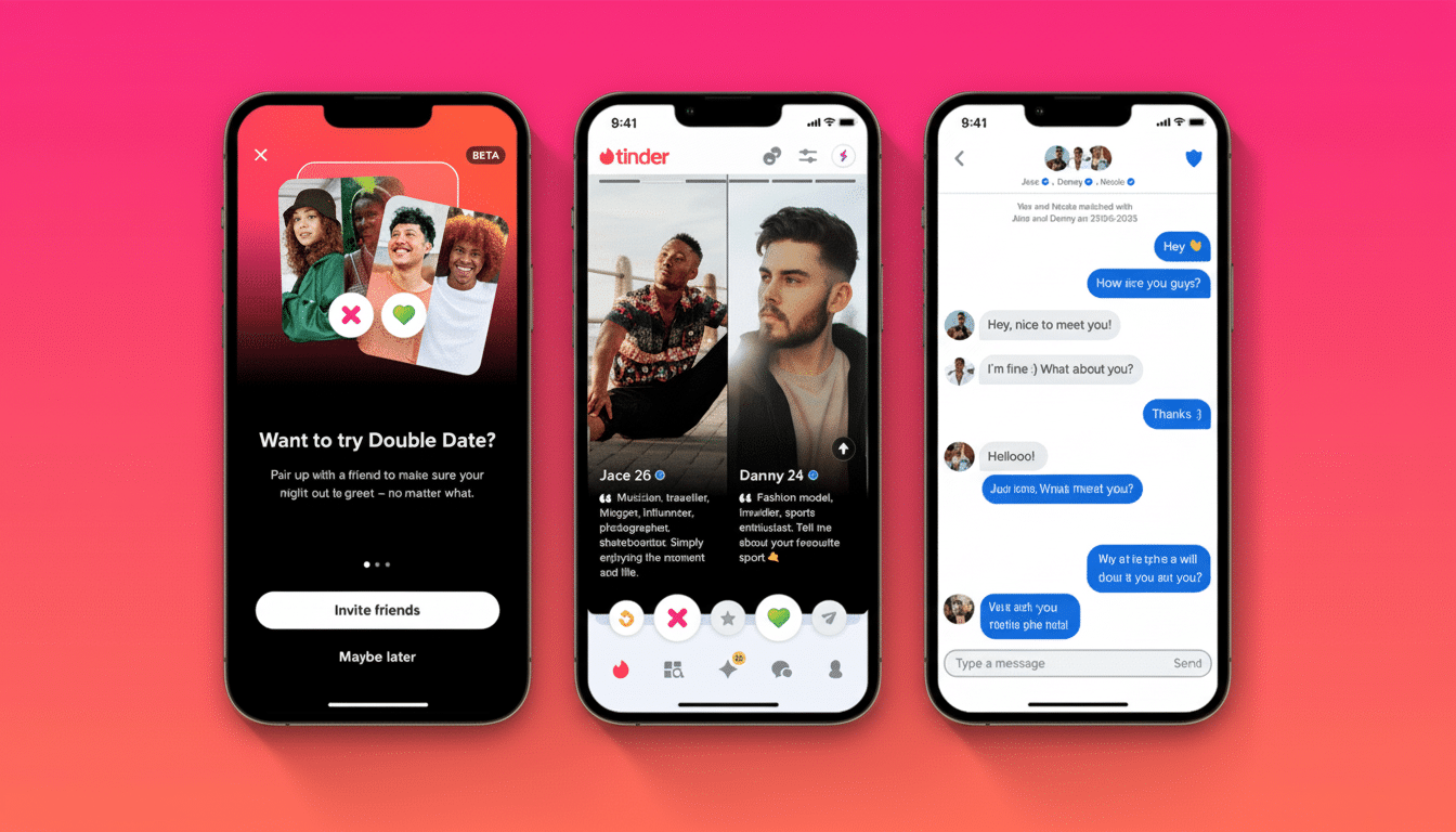 Three iPhones displaying Tinder app screens with various features, including a Double Date invitation, user profiles, and a chat conversation. The bac