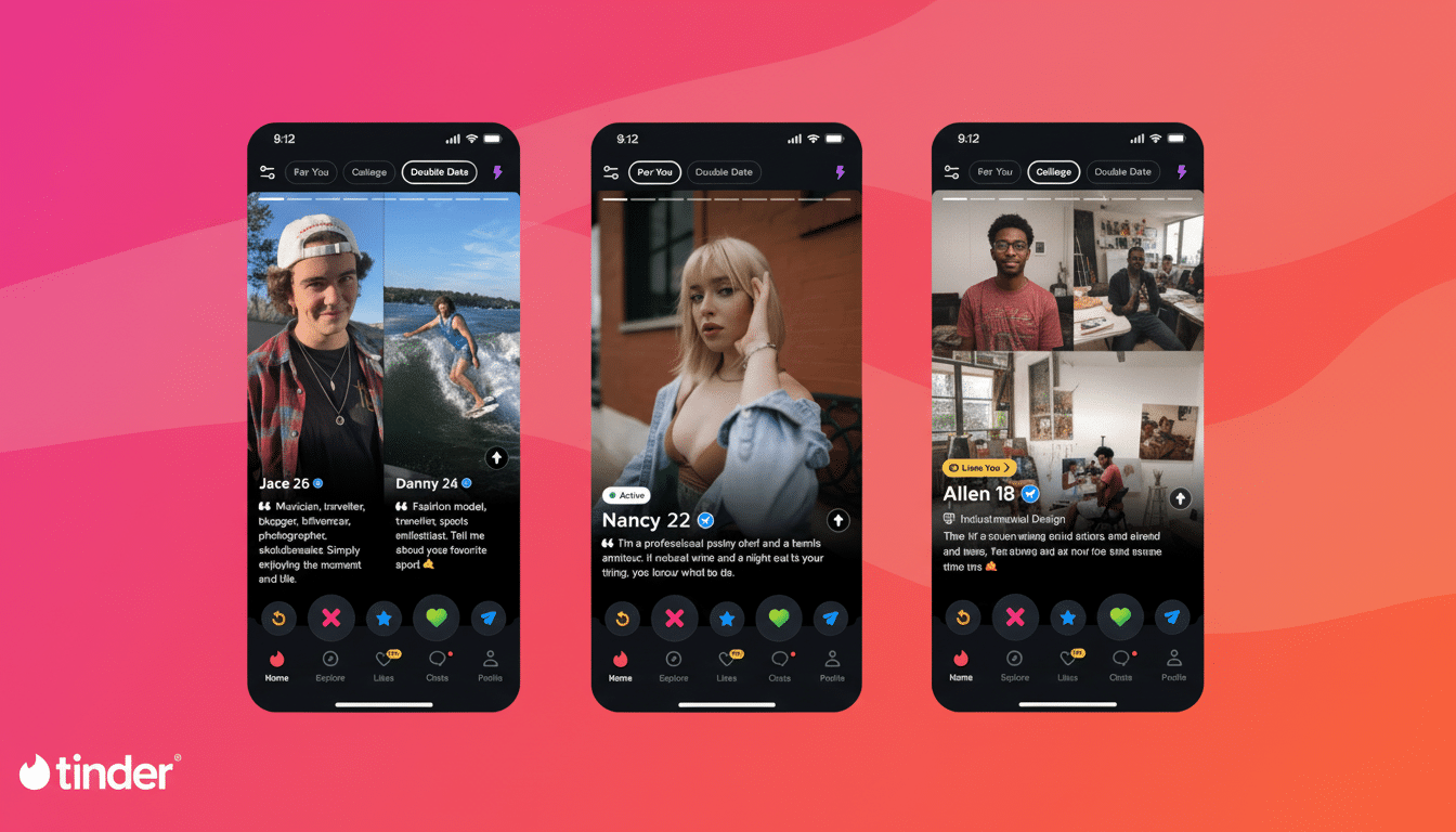 Three smartphone screens displaying Tinder profiles. The first profile shows Jace and Danny, with J ace wearing a cap and Danny surfing. The second pr