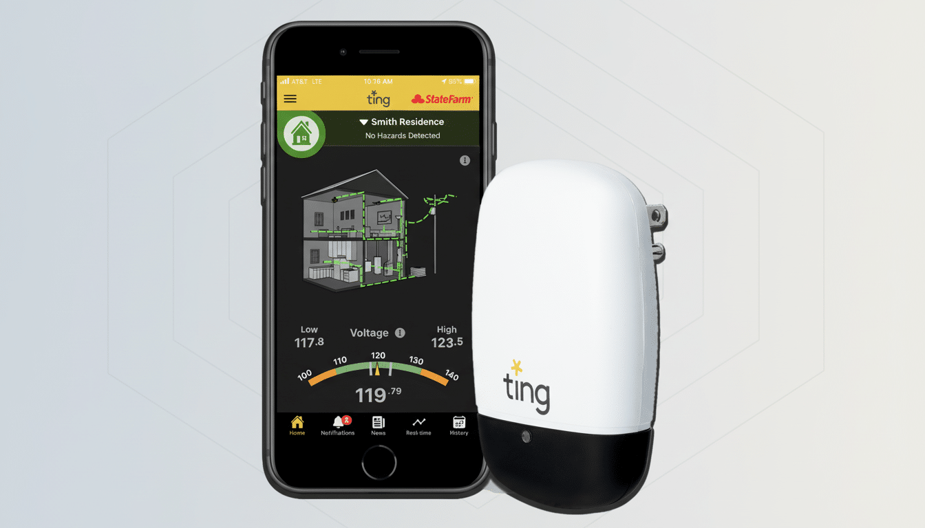 A smartphone displaying the Ting app interface next to a white and black Ting smart home monitor device, set against a subtle gray patterned background. Filename : tingapp anddevice .png