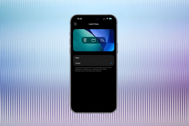An iPhone displaying the Liquid Glass app interface with options for Clear and Tinted themes . The Tinted option is selected .