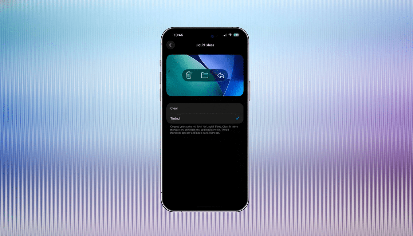 An iPhone displaying the Liquid Glass app interface with options for Clear and Tinted themes . The Tinted option is selected .
