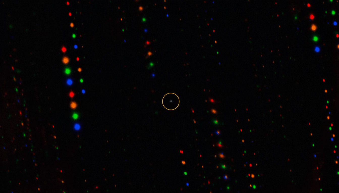 The image shows a dark background with numerous small , blurry , colorful lights in vertical streaks , appearing as if seen through a prism or rain. In the center, a single bright white dot is encircled by a thin yellow ring .