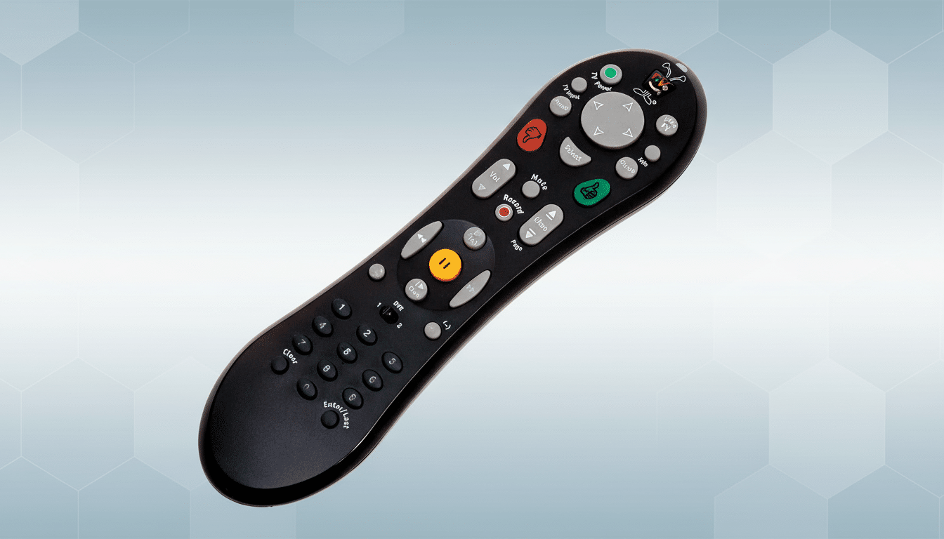 A black and gray Ti Vo remote control with colorful buttons, presented on a subtle light blue gradient background with a faint hexagonal pattern.