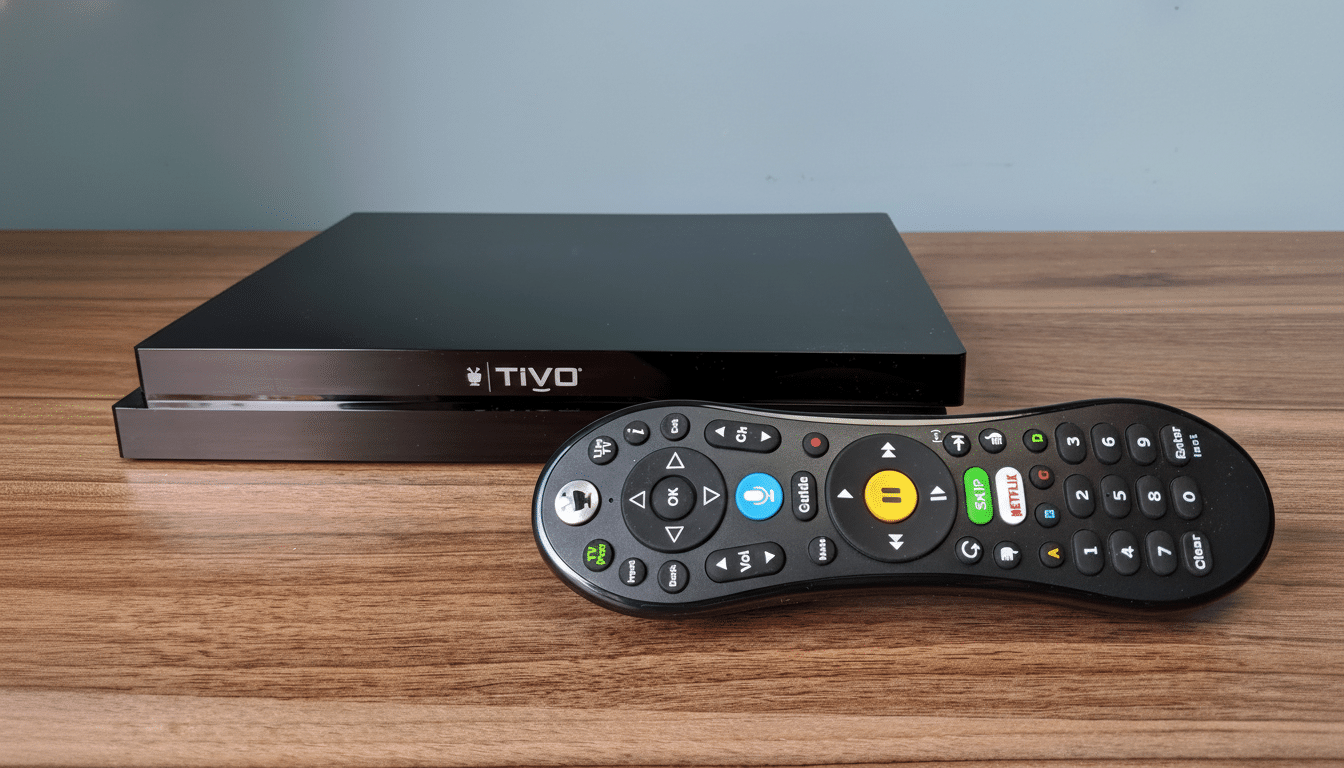 A black Ti Vo box and a black TiVo remote control resting on a wooden surface.