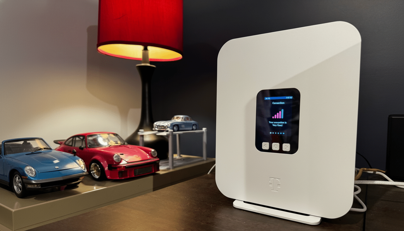 A white T-Mobile 5G home internet gateway device with a screen showing Your connection is very good next to a red lamp and three miniature model cars. Filename : tmobile 5g gatewaydevice .png