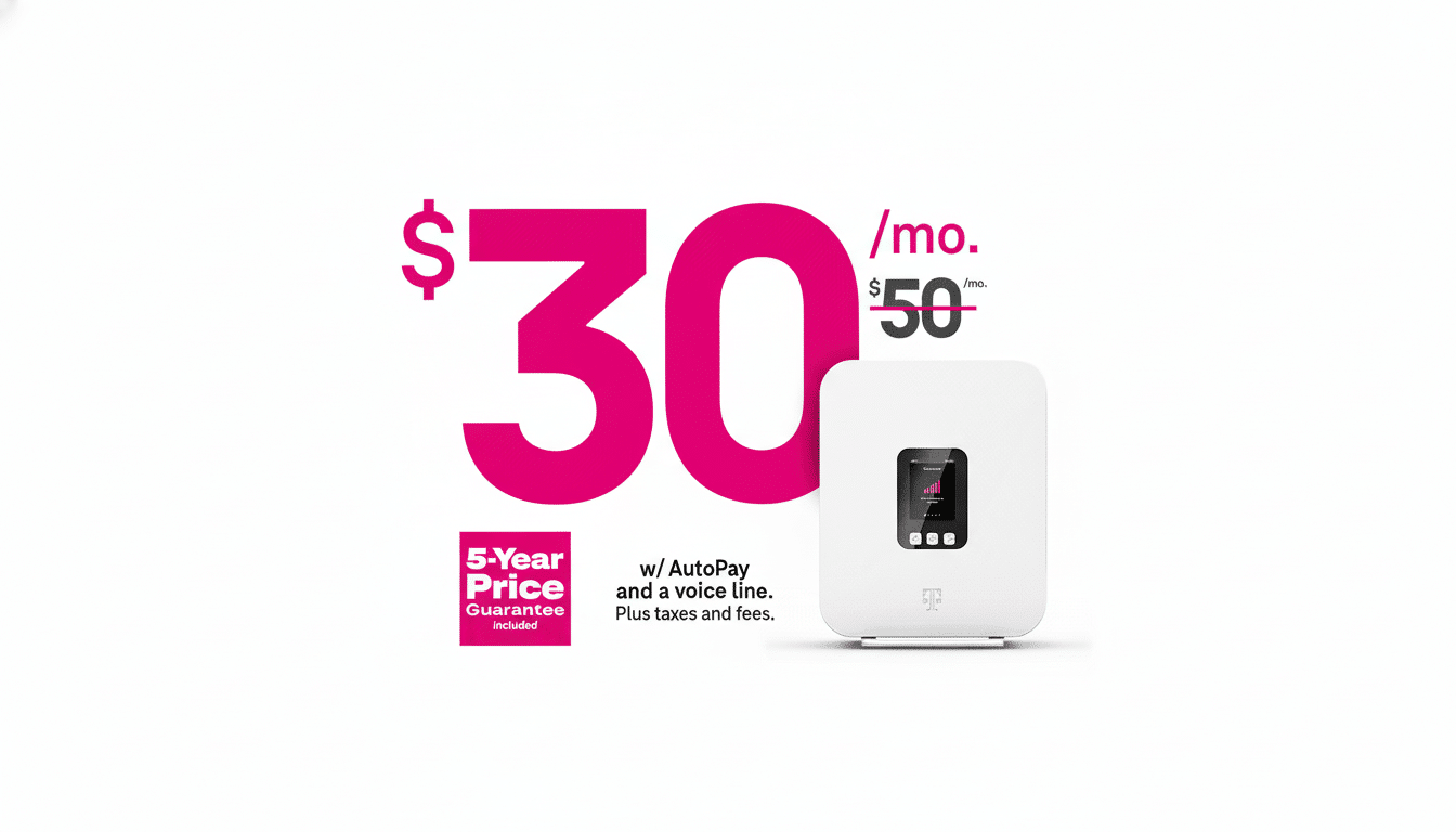 T- Mobile advertisement for a 5-year price guarantee on a $ 30/month plan, showing a white internet device on a clean white background.