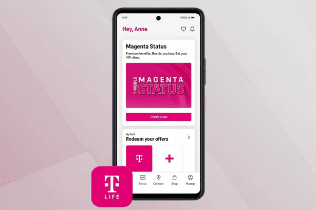 A smartphone displaying the T- Mobile app with Magenta Status and Red eem your offers sections, next to a T -Mobile Life app icon, all on a soft , gradient background. Filename : tmobile appmagenta statuslife icon.png