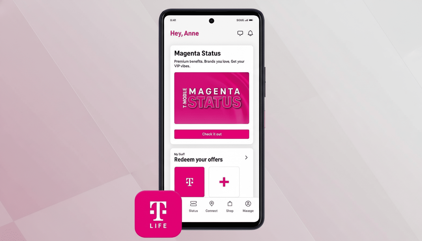 A smartphone displaying the T- Mobile app with Magenta Status and Red eem your offers sections, next to a T -Mobile Life app icon, all on a soft , gradient background. Filename : tmobile appmagenta statuslife icon.png