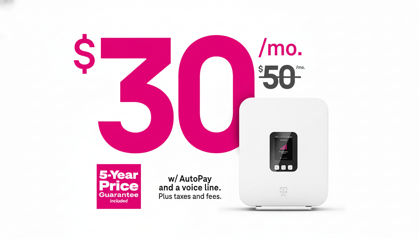 A T -Mobile ad showcasing a white internet gateway device with a screen displaying network status, alongside a large pink $ 30 / mo. price, with  /mo. crossed out. Below it reads 5 -Year Price Guarantee included and w/ AutoPay and a voice line . Plus taxes and fees.