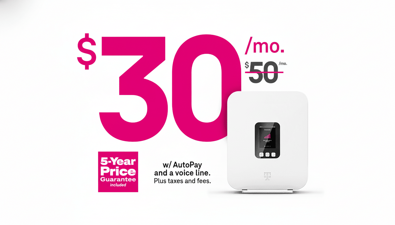 A resized and enhanced T -Mobile ad displaying a white internet gateway device next to large pink te