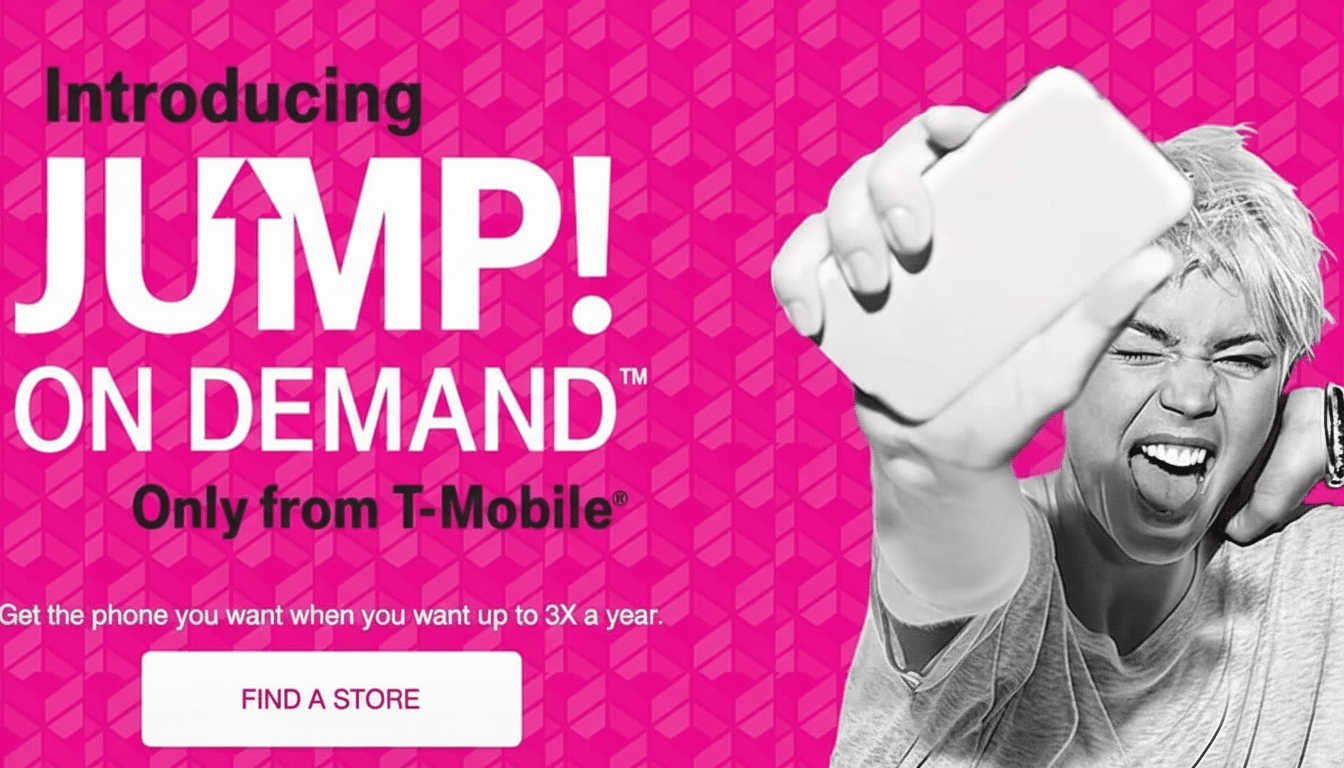 T- Mobile Jump! On Demand advertisement with a person holding a smartphone and making a funny face on a pink patterned background. Filename : tmobile jumpon demandadvert isement.png