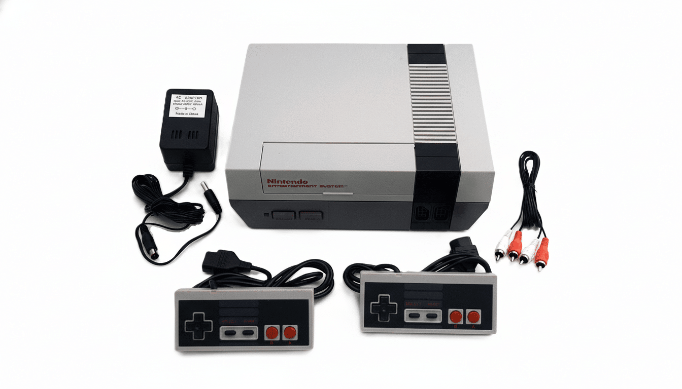 An enhanced , professionally presented image of a classic Nintendo Entertainment System console, two controllers, an AC adapter, and an AV cable set on a clean white background, resized to a 1 6:9 aspect ratio. Filename : nintendo nesconsole andaccessories. png