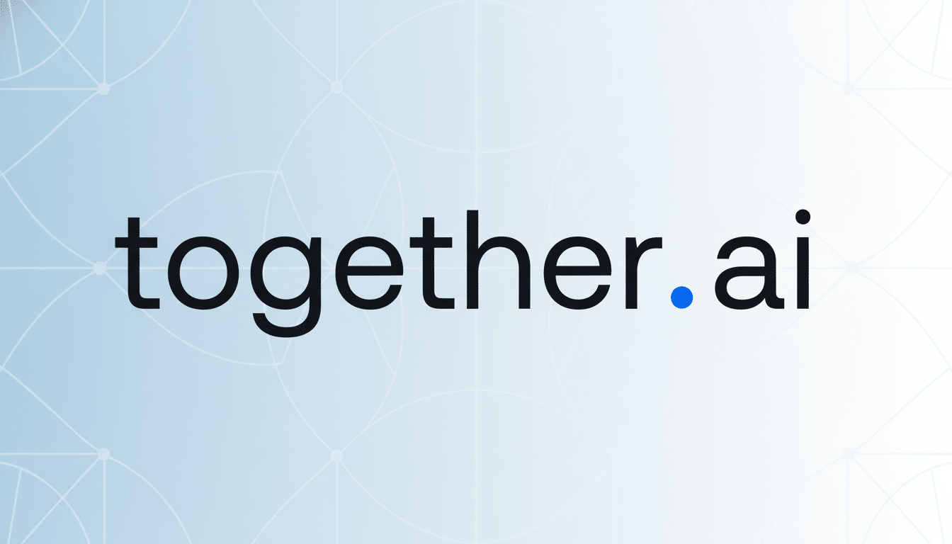 The Together .ai logo, featuring together. ai in black lowercase letters with a blue dot, set against a light blue gradient background with a subtle geometric pattern.