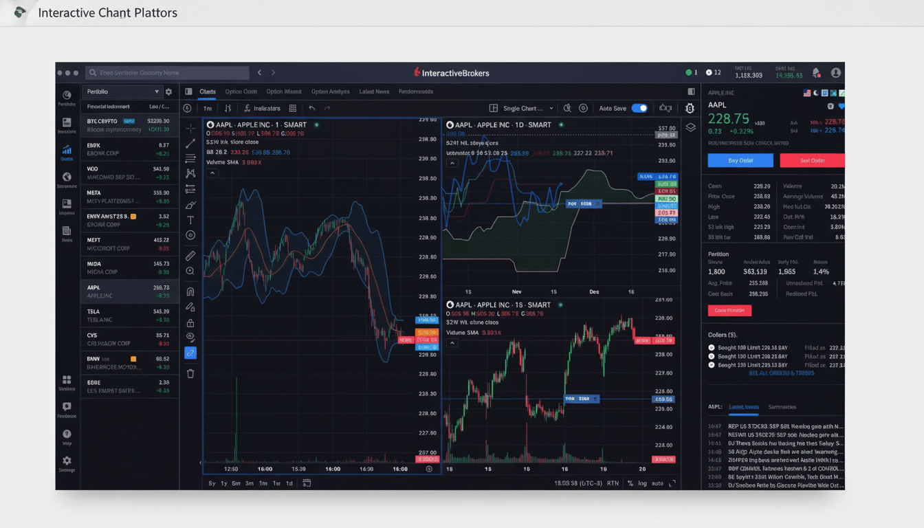 A professional screen capture of the Interactive Brokers trading platform, showcasing stock charts for Apple Inc. ( AAPL) with various indicators and trading data in a 16:9 aspect ratio. The original dark interface is preserved, set against a clean , light gray background with a subtle, flat design. Filename : interactivebrokers a aplchart 169 . png