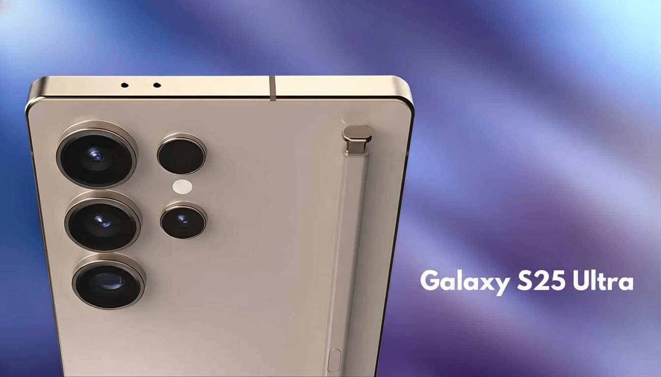 A professional close -up of a beige Samsung Galaxy S25 Ultra smartphone, showcasing its multiple camera lenses and an S Pen stylus, against a soft gra
