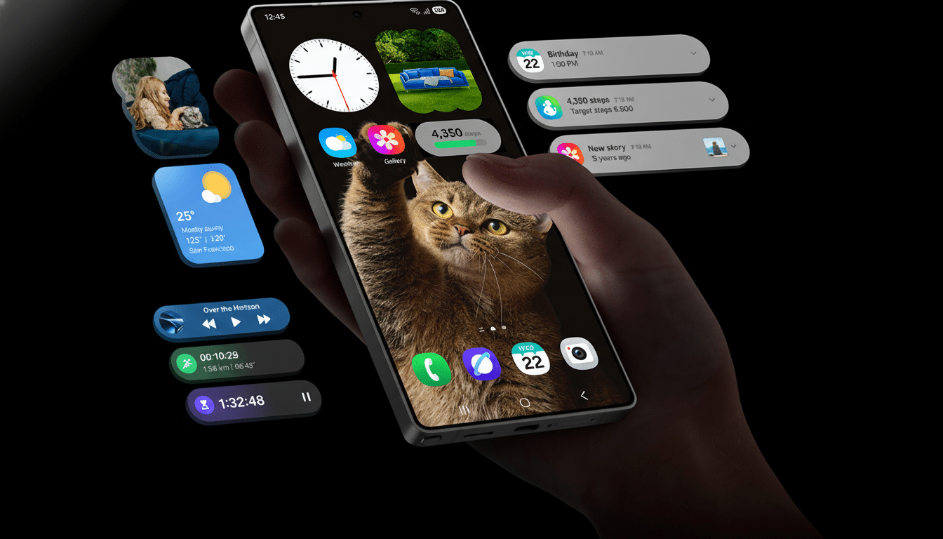 A hand holding a smartphone displaying a cat image and various widgets, with additional floating widgets around it.