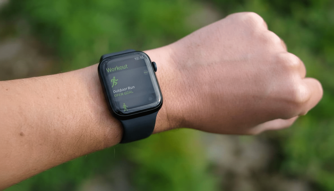 A close -up shot of a persons wrist wearing an Apple Watch, displaying the Workout app with Outdoor Run and Open Goal selected. The background is a na