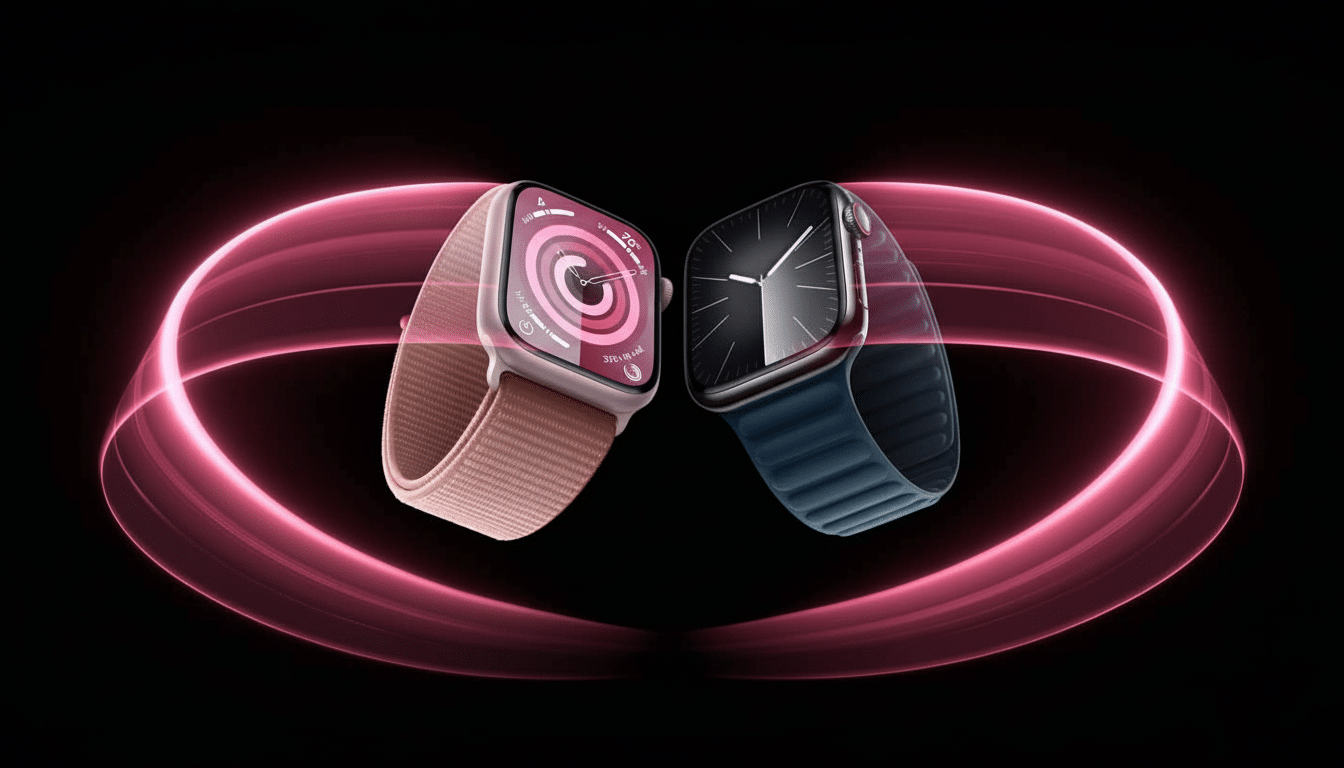 Two Apple Watches, one with a pink band and a vibrant pink display, and the other with a blue band and a dark analog watch face, presented against a b