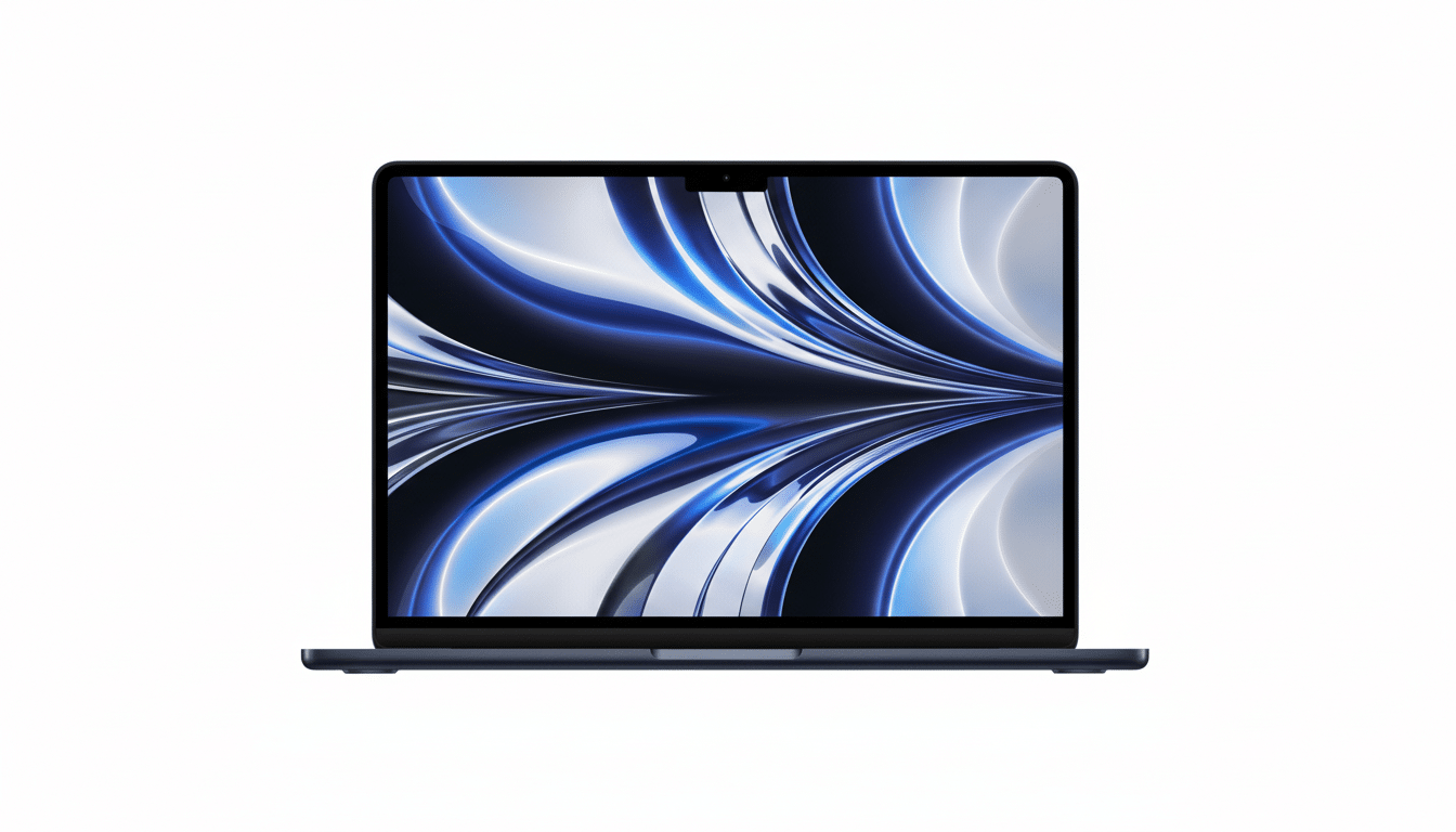 A dark blue laptop with a vibrant blue and white abstract design on its screen, set against a clean white background, presented in a 1 6:9 aspect ratio. Filename : dark bluelaptop abstractscreen 16 9. png