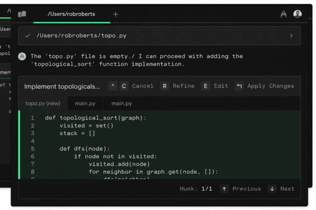 A screenshot of a code editor showing Python code for a topological sort function, with a conversational AI assistant providing context .