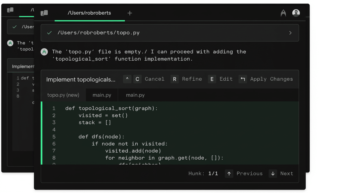A screenshot of a code editor showing Python code for a topological sort function, with a conversational AI assistant providing context .