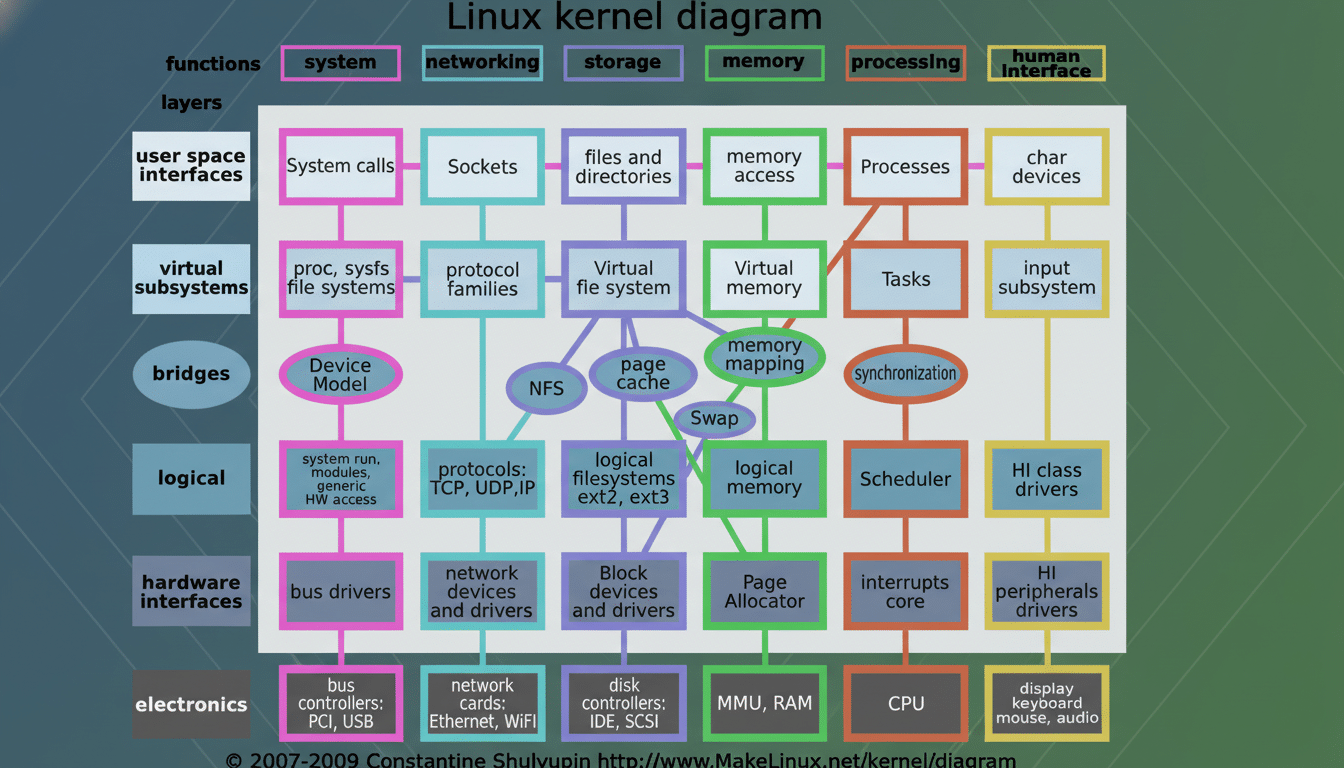 A professional diagram illustrating the architecture of the Linux kernel, with different layers and functional blocks connected by lines.