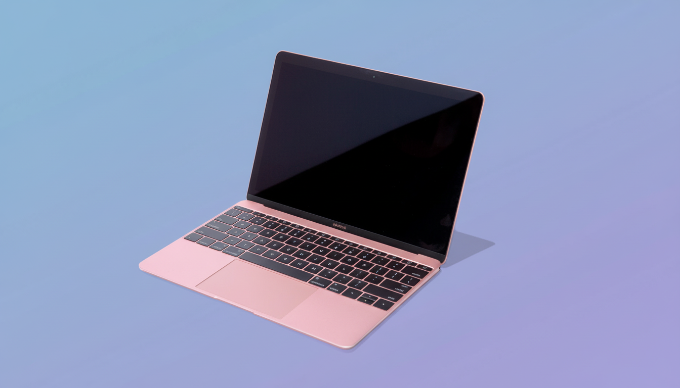 A rose gold MacBook with a black screen and keyboard, presented on a soft gradient background transitioning from light blue to lavender.