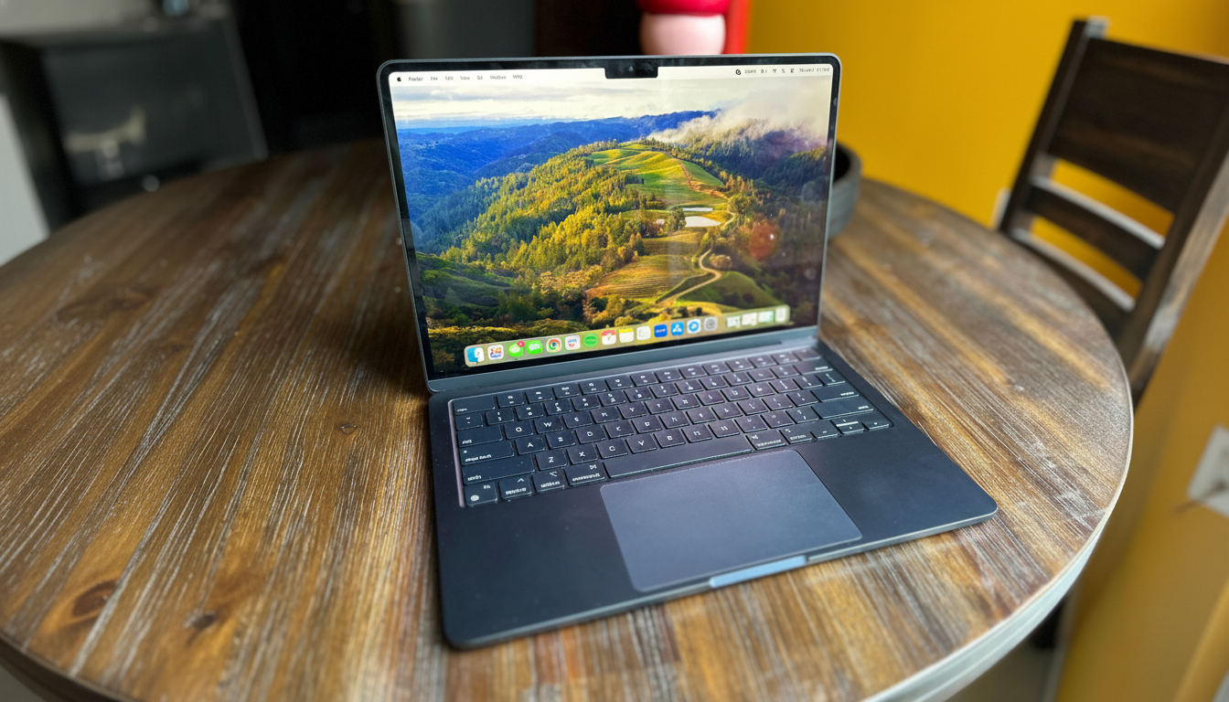 An open MacBook Air laptop on a wooden table, displaying a scenic vineyard wallpaper , resized to a 16: 9 aspect ratio.